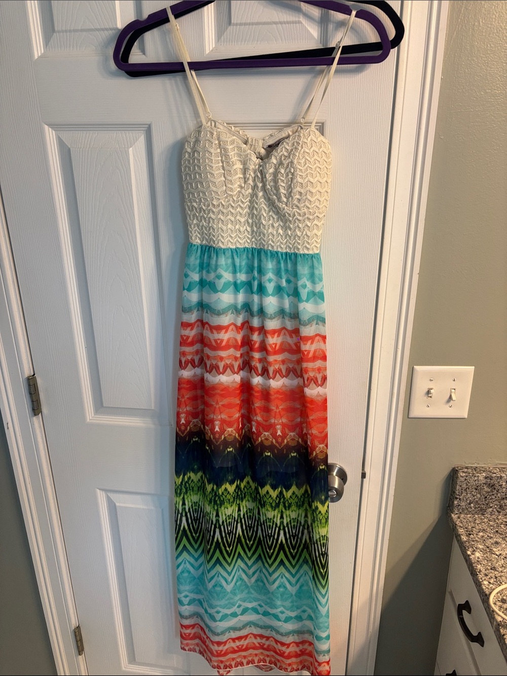 Body Central Ivory Crochet Top Maxi Dress with Multicolor Chevron Skirt